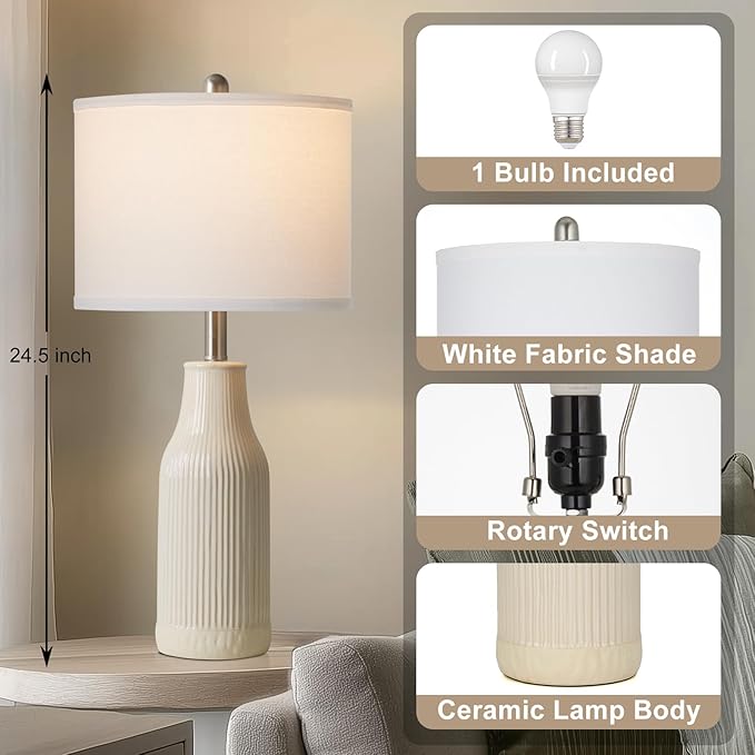 24.5" Modern Ceramic Table Lamp for Nightstand, Farmhouse Bedside Lamp for Bedroom, Small Table Lamp for Living Room End Table, Beige (1 Pack)