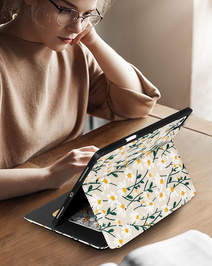 Uppuppy for iPad Air 13 Inch Case M3 2025/M2 2024, for iPad Pro 12.9 Case 6th/5th/4th/3rd Gen - Women Girls Cute Embroidered Folio Stand Cover with Pencil Holder & Card Slot Girly White Daisy Flowers