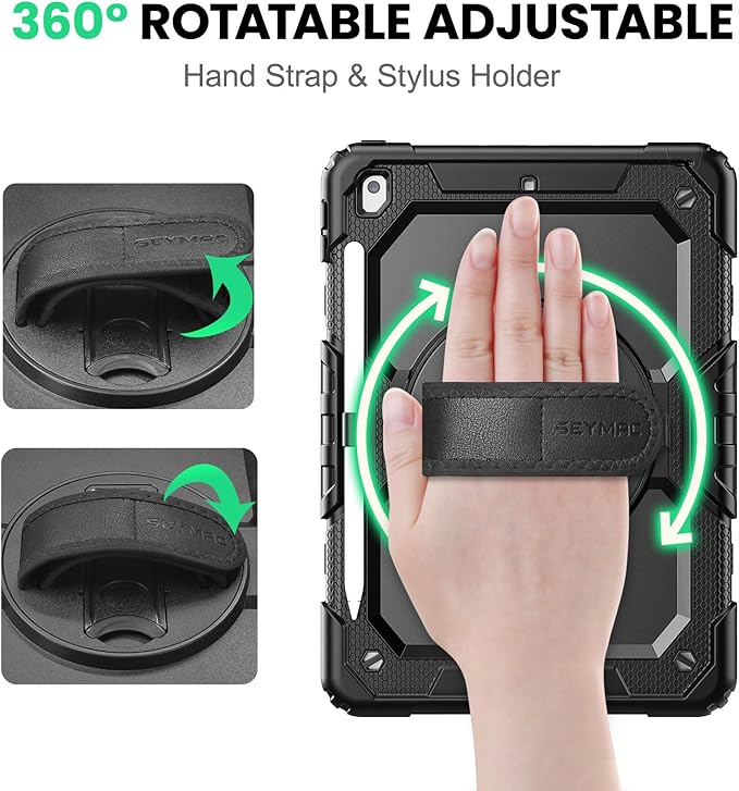 SEYMAC for iPad 9th/8th/7th Generation Case 10.2" 2021-2019, Full-Body Shockproof Heavy Duty Protective Case with Screen Protector, 360° Rotating Stand/Handle/Shoulder Strap for iPad 10.2, Black