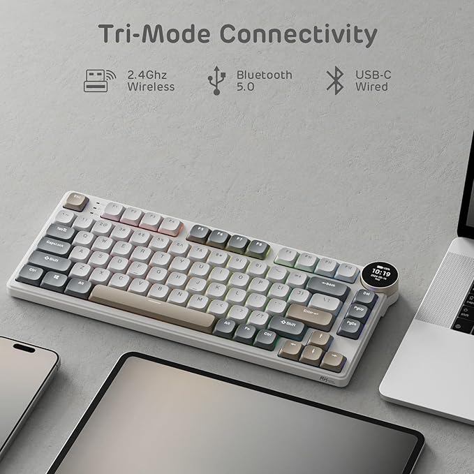 RK ROYAL KLUDGE N80 Low Profile Mechanical Keyboard w/Smart Display Screen & Knob, 75% Top Mount 3-Modes Wireless Mechanical Keyboard, Software Support, Massive Battery, 80 Keys, Quiet Red Switch