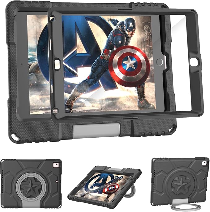 Kids Case for iPad 5th/6th Generation 9.7-inch 2017/2018 Release, Lainergie iPad Air 2 Case with Screen Protector, iPad Pro 9.7 Protective Cover Case Lightweight Shockproof with Handle Stand, Black