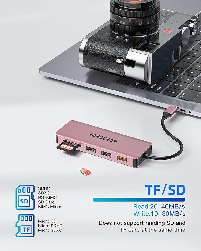 FORIDA 10G USB C Hub, 7 Ports Multiport Adapter to HDMI 4K for MacBook Pro/Air, USB C Splitter with USB 3.2 Port, 2 USB 2.0, Charing Port, Dual Card Redaer for iPhone 15/16/17 (Rose Gold, USB C 3.2)
