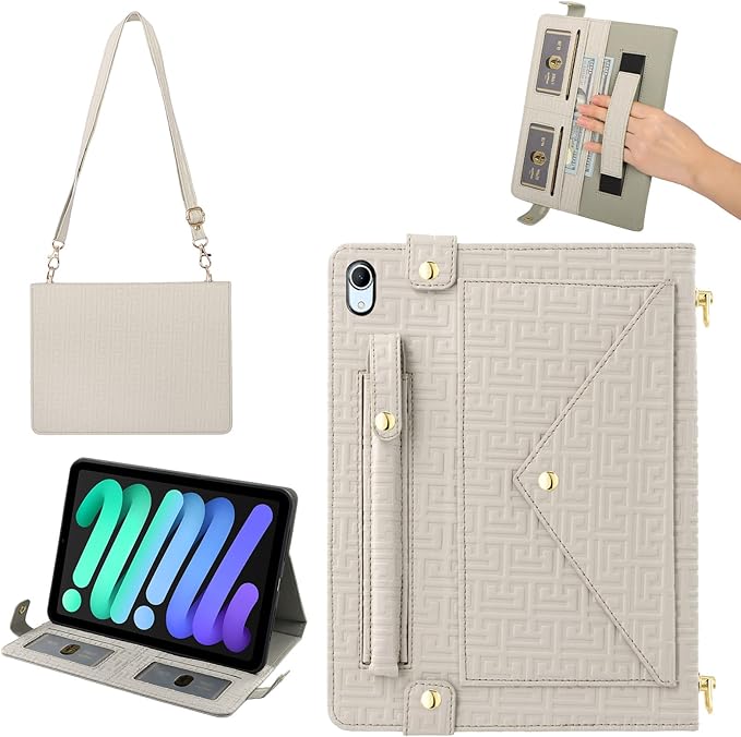 Handbag Case for iPad Mini 7 2024/Mini 6th Generation Case, Techcircle Elegant Crossbody PU Leather Folio Envelope Pocket Stand Cover with Hand Strap+Shoulder Strap+Pencil Holder+Card Slots, Off-White