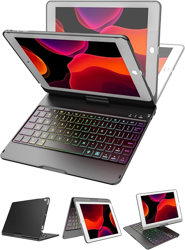 MMK for iPad 6th Generation Case with Keyboard | Compatible with iPad 5th Gen (2017) & iPad Air (1st, 2th Gen | 2013, 2014) & iPad Pro 9.7 inch (2016) | 10 Color Backlight & 360 Rotation-Black