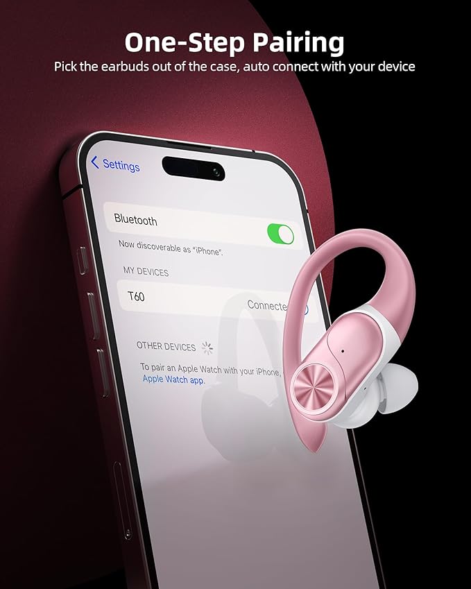 PocBuds Bluetooth Headphones Wireless Earbuds 80hrs Playtime Wireless Charging Case Digital Display Sport Ear Buds with Earhook Deep Bass IPX7 Waterproof Over-Ear Earphones for Phone Laptop Rose Gold