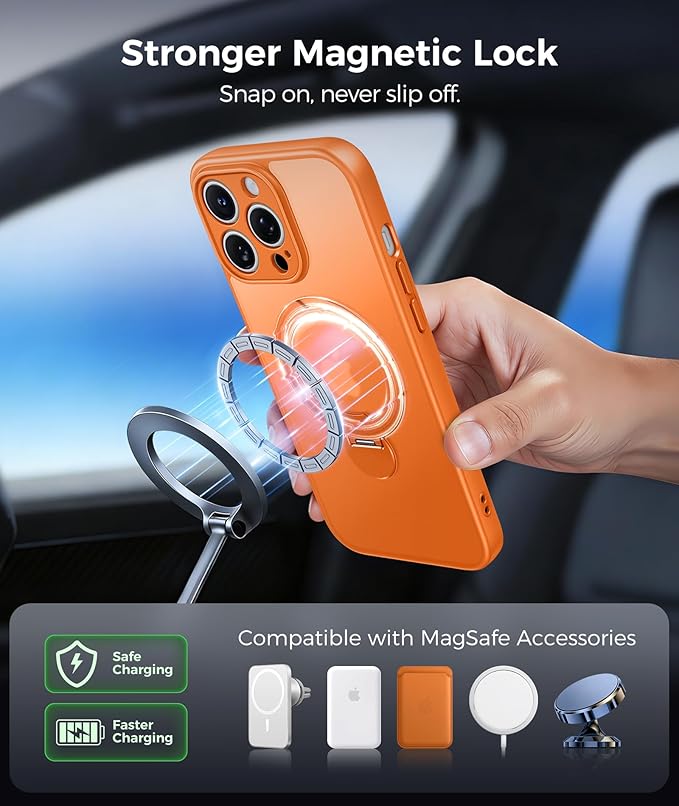 FNTCASE for iPhone 13 Pro-Max Case: [360 Spin Magnetic Stand] [Compatible with Magsafe] [Screen Protector] Translucent Matte Military Grade Shockproof Full Camera Protective Phone Cover - Orange
