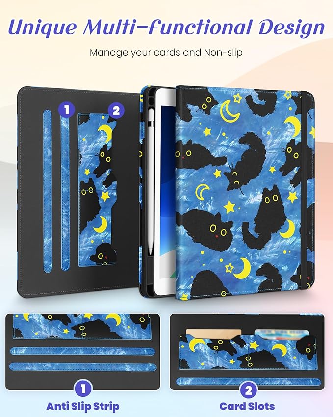 Kidcube for iPad Air 3rd Generation Case/Pro 10.5 Inch Case - Women Girls Cute Rotating Stand Folio Cover with Pencil Holder & Card Slot Girly Cat Stars Blue Design Cover for iPad Pro 10.5''/Air 3rd