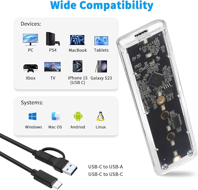 ELUTENG Transparent M.2 NVMe SSD Enclosure with Colorful LED Lights, 10Gbps M2 SSD Enclosure Tool-Free NVMe to USB Adapter External Enclosure for M-Key SSD 2230 2242 2260 2280 Sizes Support UASP Trim