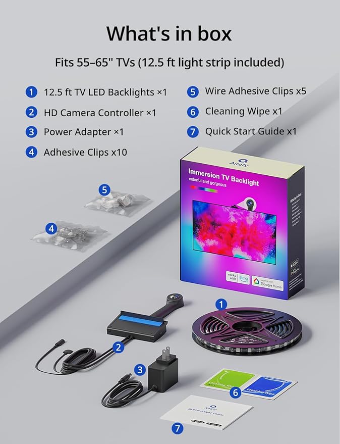 Ailofy TV Backlight with Camera for 55-65" TVs, 12.5ft LED Strip Lights, Real-Time Full-Screen Sync for Movies, Gaming & Music, Smart Bias Lighting, Works with Alexa & Google Assistant, App Control