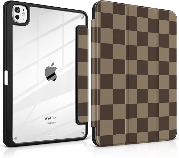 TWOLSKOO Case for iPad Pro 11-inch (M5 2025 / M4 2024), Clear Acrylic Back with TPU Bumper, Pencil Holder, Trifold Stand, Auto Sleep/Wake, Brown Checkerboard