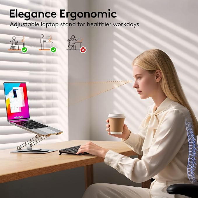 TECKNET Laptop Stand for Desk - 360° Rotating Base, Ergonomic Foldable Computer Stand for Laptop Riser, Height Adjustable, Compatible with MacBook Pro, Dell XPS, HP, and All Laptops 10-17" (Silver)