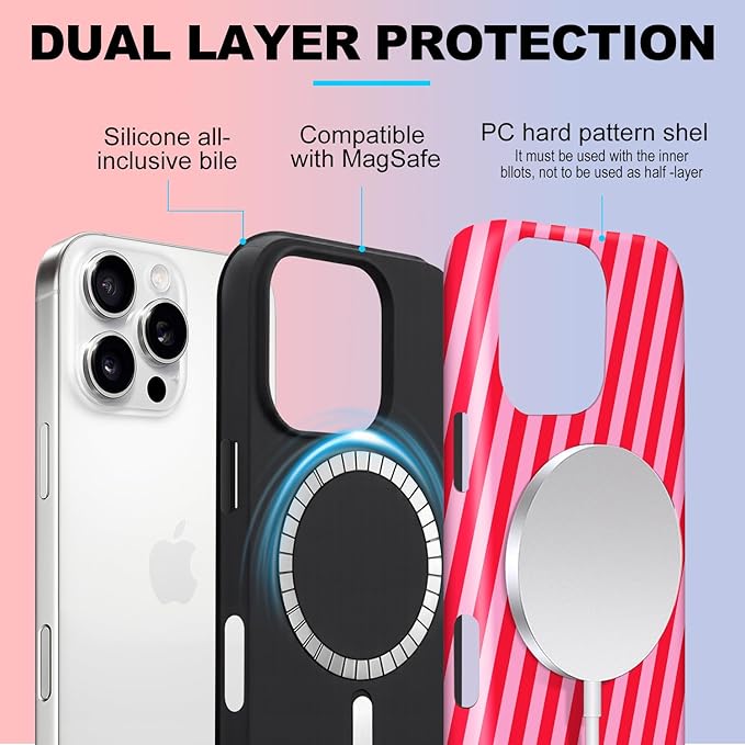 Magnetic for iPhone 15 Pro Max Case Cute Diagonal Stripes Phone Case, Shockproof Slim TPU and Hard PC Protective Phone Cover Compatible with MagSafe Designed for Women Girls,Red