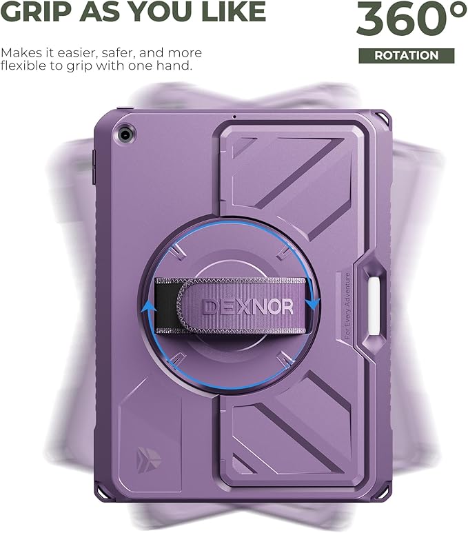 Dexnor Case for iPad 9th/8th/7th Generation 10.2 inch, Rugged Protective Case with 360° Rotating Hand Strap & Large Stand & Screen Protector & Pencil Holder Shockproof Full-Body Bumper Cover, Purple
