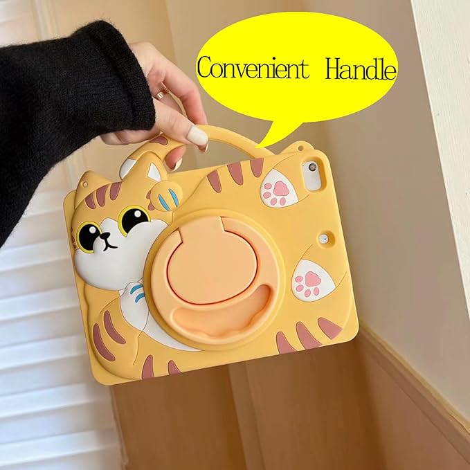 3D Cute Vivid Cat Case for iPad Air 6th/7th 11 inch 2024/2025 M2/M3(6th/7th Generation),Kawaii Cartoon Character Pretty Cat Soft Silicone Rotating Stand Case with Lanyard for Kids Teens Girls Women