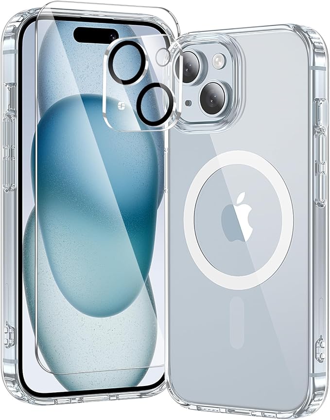 toushion 3 in 1 for iPhone 15 Case Clear with MagSafe, Not Yellowing, Screen Protector*1 Camera Lens Protector*1, Military-Grade Protection for iPhone 15 Phone Case 6.1 inch Clear