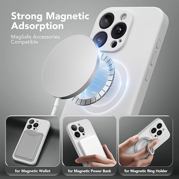 Magnetic for iPhone 15 Pro Max Case, Compatible with MagSafe, [Full Camera Protection][Screen Protector] Silicone Shockproof Protective Phone Case for iPhone 15 Pro Max 6.7", White