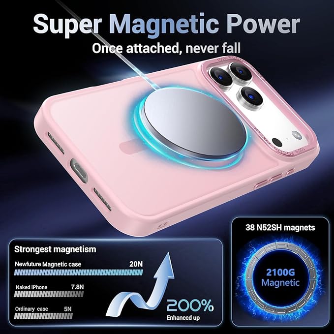 Newfuture Magnetic for iPhone 17 Pro Max Case [Compatible with Magsafe] [Military Grade Drop Protection] Translucent Matte Anti-Scratch Shockproof Protective Phone Cover 6.9 Inch, Tender Pink