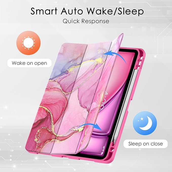 Soke Case for New iPad Air 11 Inch (M4/M3/M2, 2026-2024), iPad Air 5th/4th Generation 10.9 Inch (2020-2022) with Pencil Holder, Soft TPU Back Cover & Auto Sleep/Wake, Hot Pink Marble