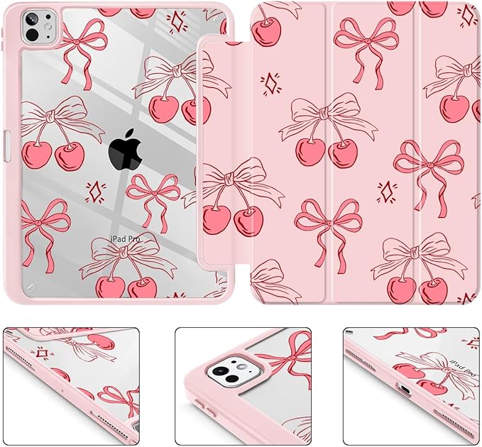 May Chen Case for iPad Pro 11-Inch M5/M4 2025/2024 (6th/5th Generation), [Penceil Holder] Trifold Stand Auto Wake/Sleep Clear TPU Protection Back Cover, Coquette Cherry Bow