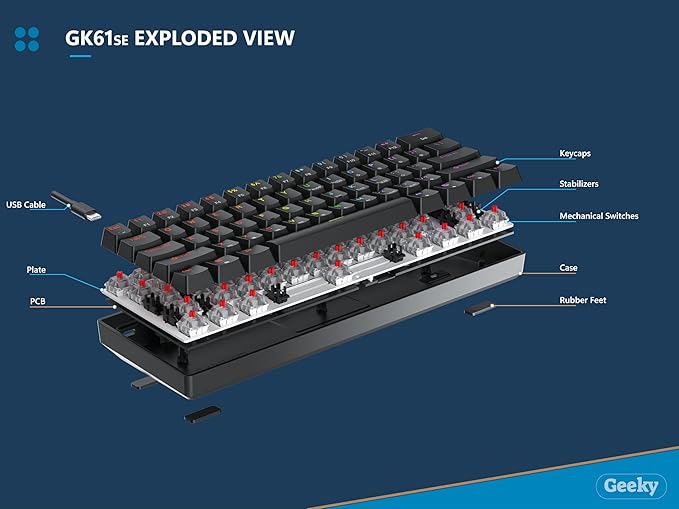 Geeky GK61 SE 60% | Mechanical Gaming Keyboard | 61 Keys Multi Color RGB LED Backlit for PC/Mac Gamer | ANSI US American Layout (Lavender, Mechanical Speed Silver)