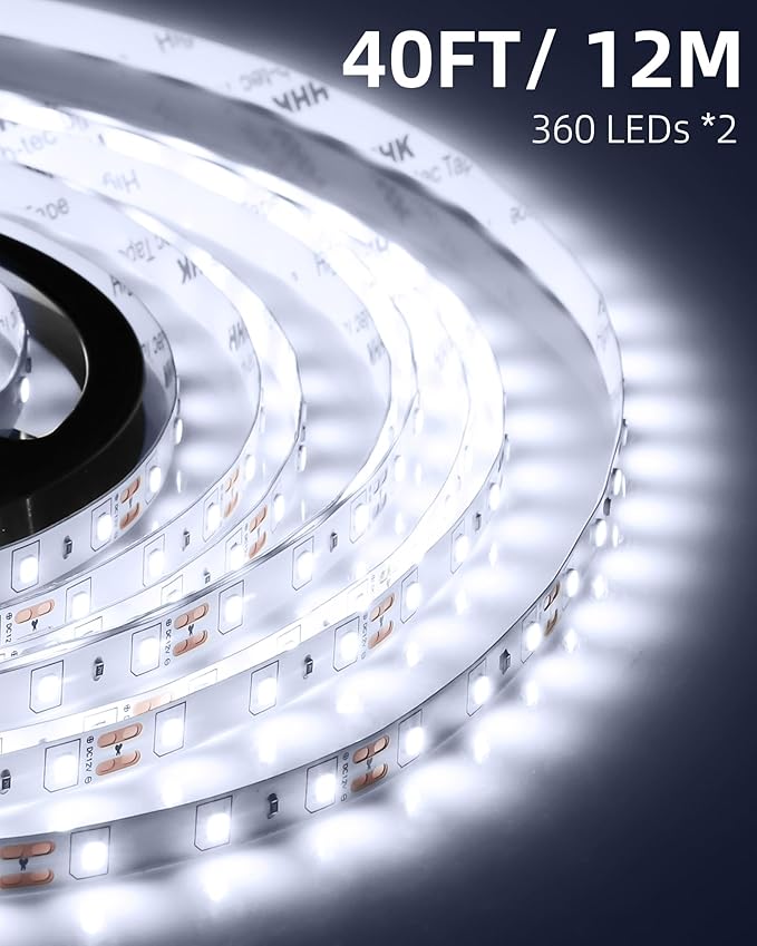 40ft LED Strip Lights with Remote, 6500K Daylight White Dimmable Tape Lights, 12V 720 LEDs 2835 Strong Adhesive Rope Lights for Cabinet Kitchen Ceiling Closet Vanity Mirror Stairway Basement