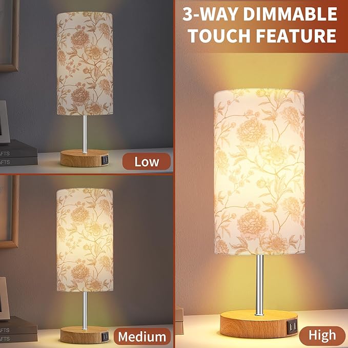 Lolikit Bedside Touch Lamp, Wood Small Table lamp with 2 USB Charging Ports & Flower Fabric Shade, 3-Way Dimmable Nightstand Lamps for Living Room Bedroom Office Reading Desk Home Dorm Pink