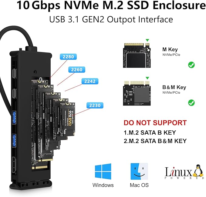 USB C Hub M.2 NVMe SSD Enclosure, 6 in 1 USB C Hub Multiport Adapter Fits PCIe 3.0 NVMe M.2 SSD, with 4K/60Hz HDMI,10Gbps USB 3.1 Gen2(2 Ports),10Gbps USB-C,100W PD Compatible with MacBook Pro