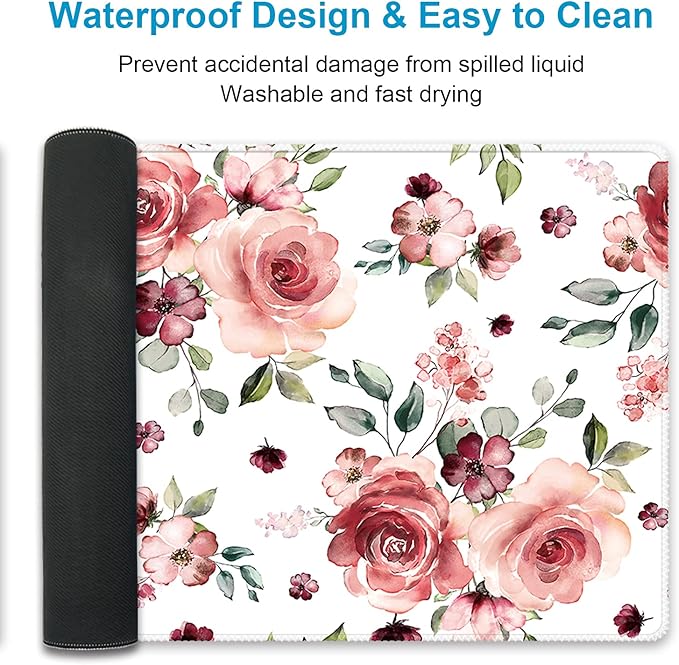 XXL Waterproof Office Desk Pad Protector 35.4x15.7 Inch - Extended Gaming Mouse Pad with Non-Slip Rubber Base, Thickened Keyboard Mat, Stitched Edges & Peony Flowers Design