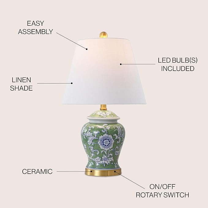 JONATHAN Y 22" Green/White Ceramic Table Lamp, French Country Chinoiserie Ginger Jar LED Bedside Lamp for Living Room Bedroom, White Linen Shade (JYL3005E)