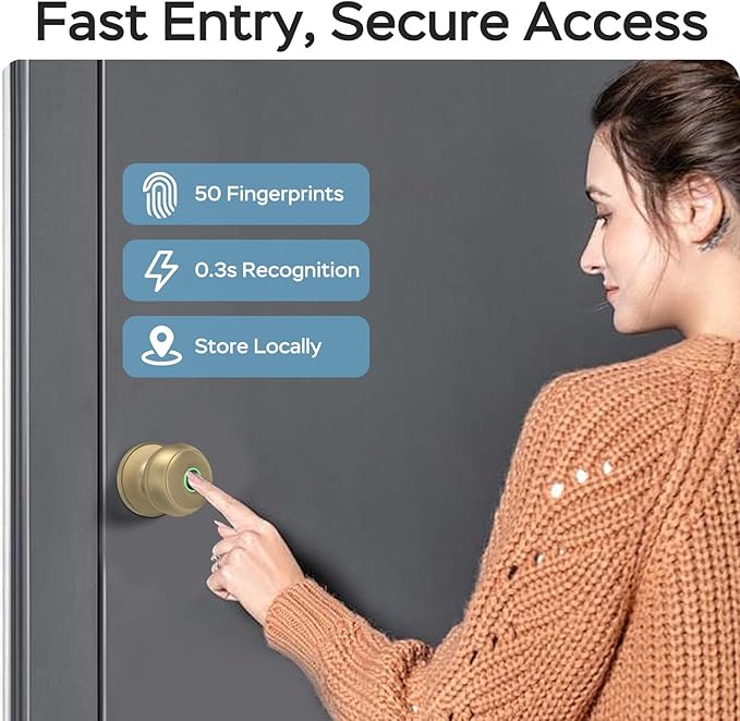 GeekTale Fingerprint Door Lock for Bedrooms, Fingerprint Door Knob with Lock, Smart Door Lock, App Control, Back-up Keys, Thumbprint Door Knob for Bedrooms, Office, Apartment