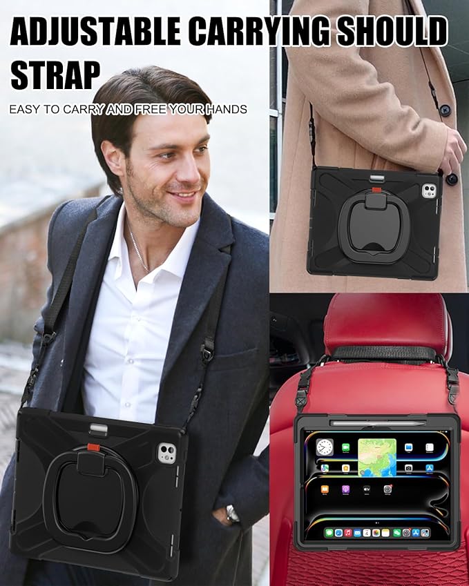 BRAECN Case for iPad Pro 13 Inch M5 2025 / M4 2024, Heavy Duty Rugged Silicone Cover with Built-in Pencil Holder, Shoulder Strap, 360° Rotating Handle Grip, Stable Kickstand for iPad Pro 13”, Black