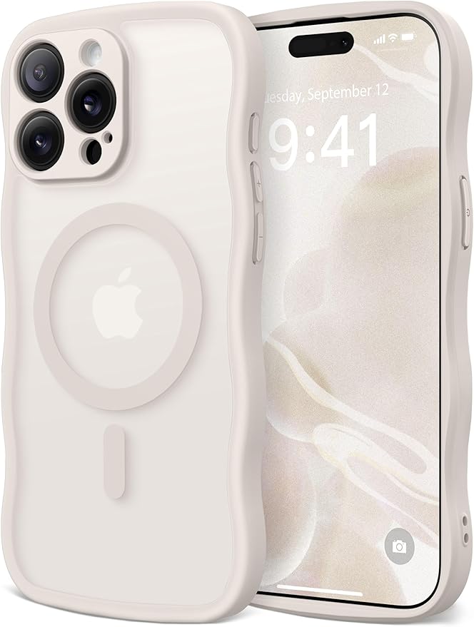 CAPRARO Cute for iPhone 13 Pro Max Case, Compatible with MagSafe, [Curly Wave Edge] [Full Camera Protection] [14 FT Drop Protection] Magnetic Phone Case for 13 Pro Max 6.7 Inch, Stone