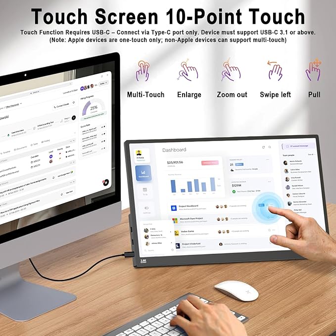 IBW 15.6" 2.8K 100Hz Portable Monitor Touchscreen, QHD 2880x1620 IPS Gaming Display, 300 Nits 100% sRGB HDR FreeSync, USB-C HDMI External Second Screen for Laptop PC Phone Switch PS5