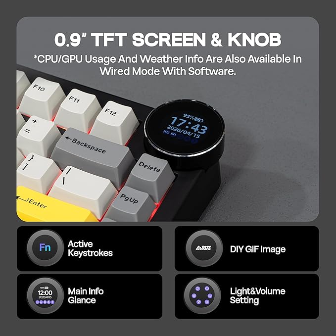 MechLands AJAZZ AK820V2 75% Wireless Gaming Keyboard with 0.9” TFT Display Screen & Knob, Gasket Mechanical Creamy Keyboard with 10000mAh Battery, Hot Swappable, RGB for Win/Mac (Black Grey)