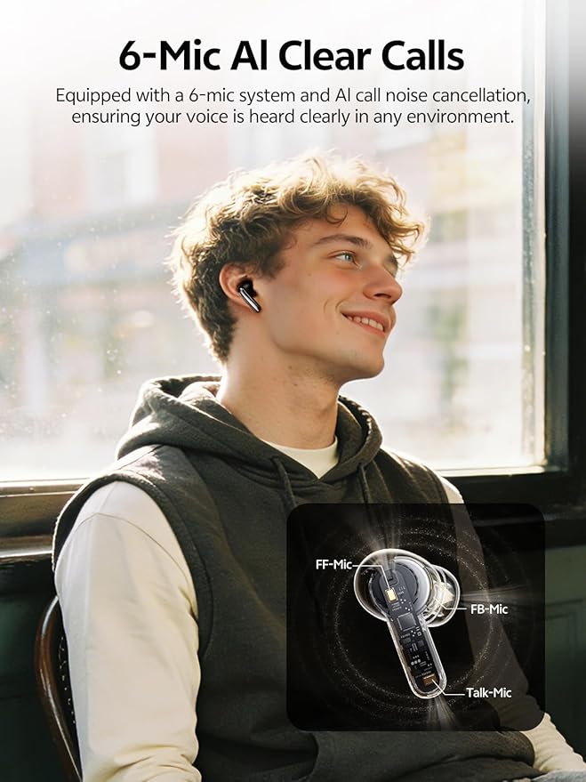 QCY MeloBuds N20 Active Noise Cancelling Wireless Earbuds, 50dB ANC Headphones with 6 Mics ENC Clear Call, 13mm Dynamic Driver, 40H Battery Life, Bluetooth 6.0 (Black)