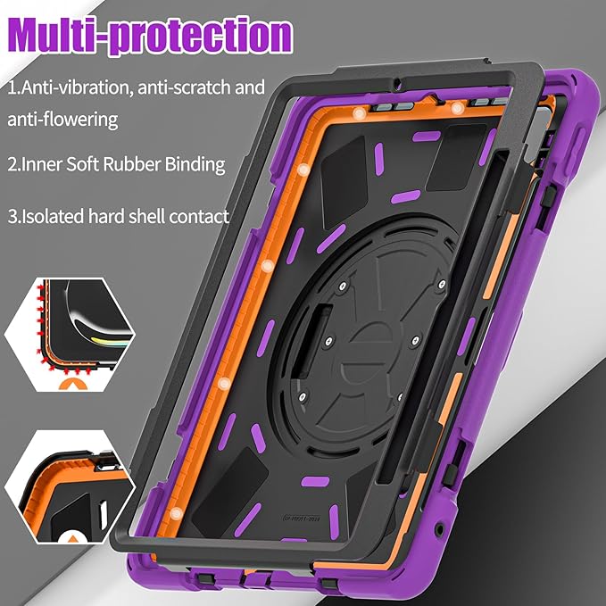 Batianda Case for New iPad Pro 11-inch 2025 M5 2024 M4 Chip Heavy Duty Rugged Durability Silicone Tablet Cover with 360° Rotating Hand Strap Foldable Hidden Stand & Shoulder Strap, Purple