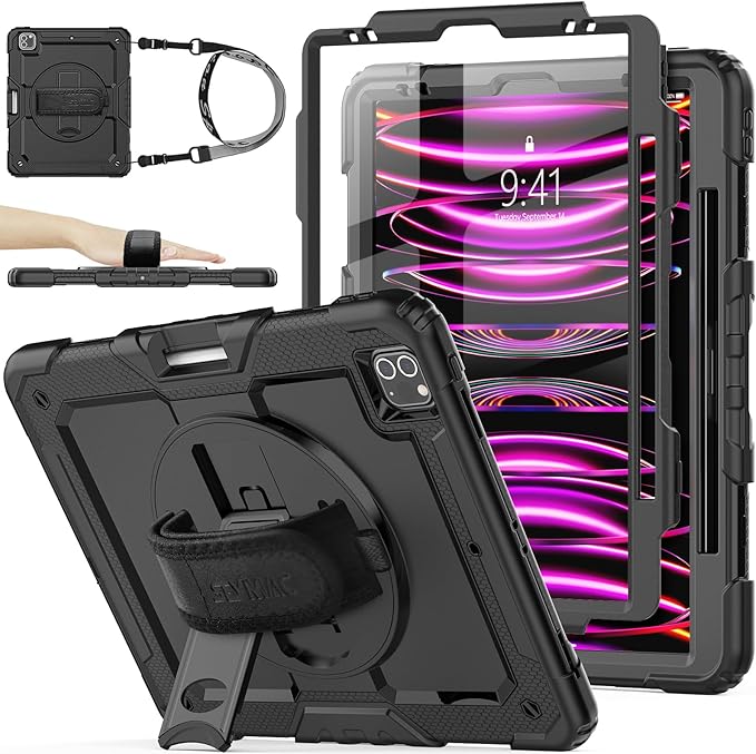 SEYMAC stock Case for iPad Pro 12.9'' 2022/2021/2020/2018 with Screen Protector 360 Rotating Stand Hand Strap, Drop-Proof Case for iPad Pro 12.9''(6th/5th/4th/3rd Generation), Black