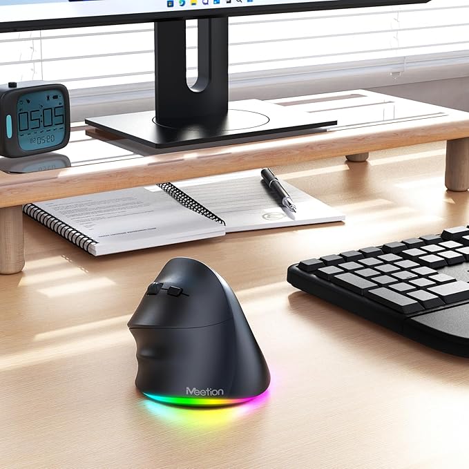 MEETION Left-Handed Ergonomic Mouse, Wireless Vertical RGB Rechargeable Mouse, Bluetooth(5.2 + 3.0) & USB-A with USB-C Adapter 4 Adjustable DPI Mice for Mac/Windows/PC/Tablet/iPad Black