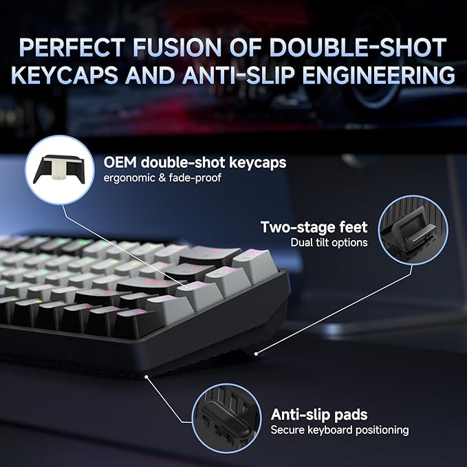 DIERYA DK68 60% Wireless Mechanical Gaming Keyboard, 3 Modes Bluetooth/2.4GHz/USB-C with Red Linear Switch, RGB Backlit, Anti-Ghosting, 68-Key Compact mini keyboard for Windows/macOS/Linux- Black/Grey