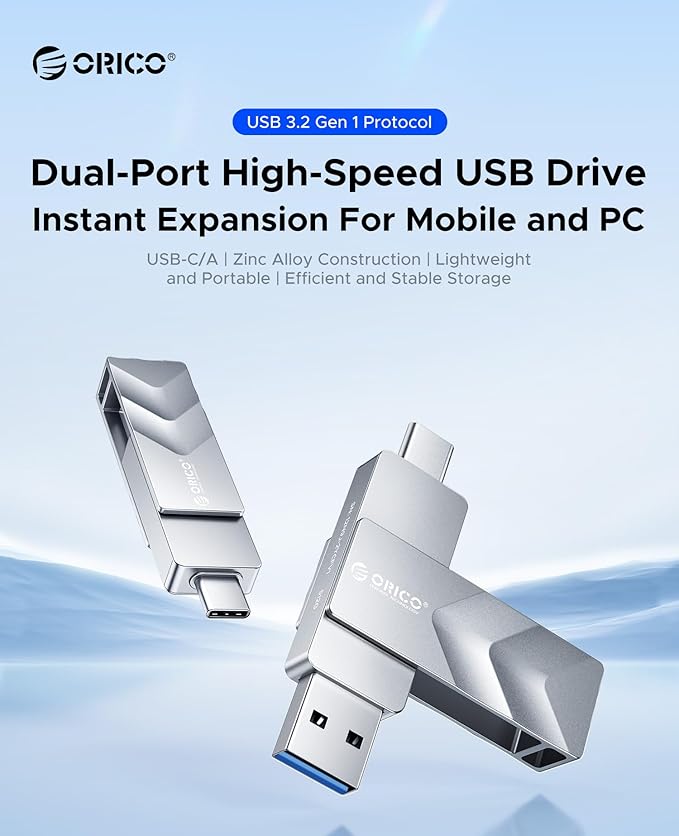 ORICO 32GB USB C Flash Drive, USB 3.2 Gen 1 Dual Drive 150MB/s, Zinc Alloy Thumb Drive with USB-A & USB-C for iPhone 16/15/17 Series, MacBook, Android Phone, iPad, PC, Laptop, Travel & Data Storage