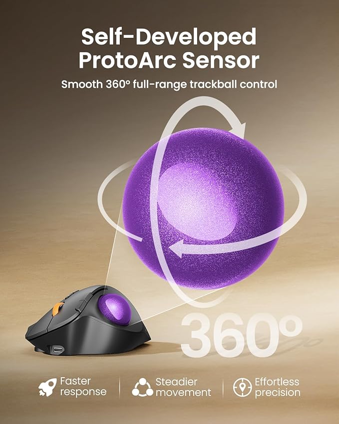ProtoArc Wireless Bluetooth Trackball Mouse, EM02 Two Adjustable Angle Ergonomic Rechargeable Computer Ball Mouse, 3 Device Connection, Thumb Control and Smooth Tracking for Laptop, PC, Mac-Purple