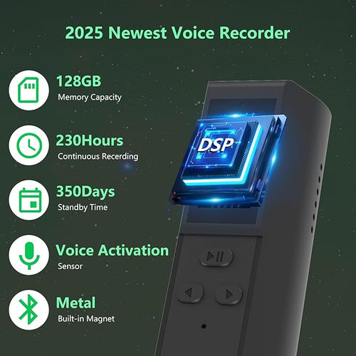 128GB Digital Voice Recorder with Playback: Magnetic Audio Recorder with AI Noise Cancellation, 230 Hours Continuous Recording Device, Voice Activated Recorder for Lectures Meetings Interviews