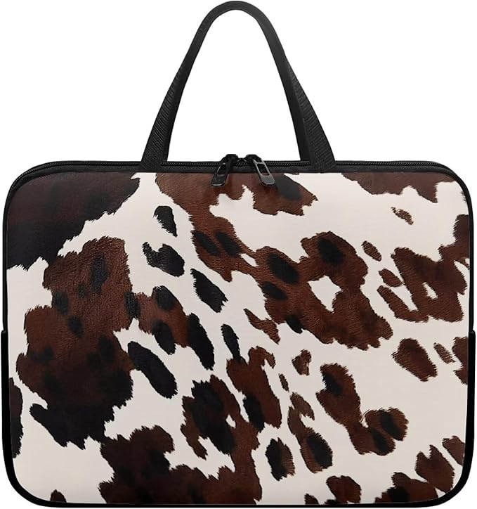 Cow Print Brown 17 Inch Laptop Sleeve, Laptop Cover Computer Bag Tablet Carrying Case with Handle, Waterproof Zipper Tote Bags Notebook Sleeves Handbag Messenger Briefcase