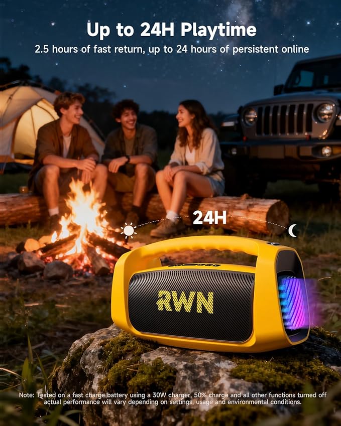 RWN Outdoor Bluetooth Speaker: 160W Loud Sound, IP67 Waterproof with 24H Playtime, Fast Charge, Bass, TWS, Portable Wireless Speakers with Light Show for House, Party, Projector, Beach (Yellow+Black)