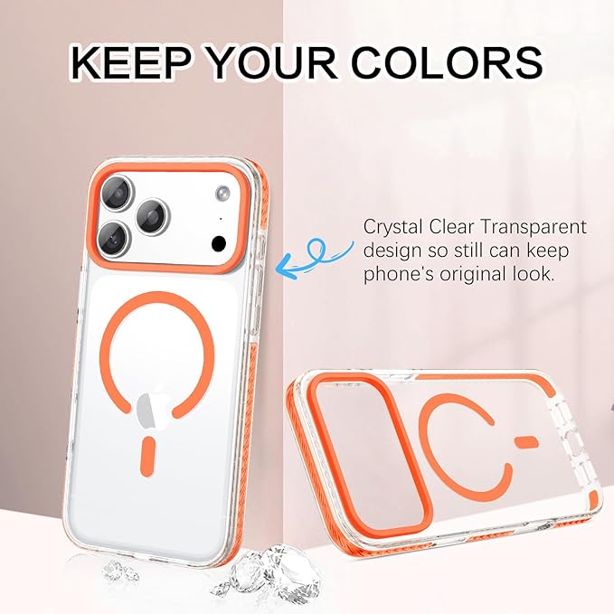 BENTOBEN Magnetic for iPhone 17 Pro Max Case 6.9", Compatible with Magsafe Military Shockproof Protective Bumper Cute Transparent Slim Anti-Yellowing Case for iPhone 17 Pro Max Cover, Clear Orange