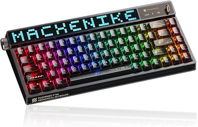 Machenike KT68 Pro Wireless Compact Mechanical Gaming Keyboard, Customizable LED Screen, 3-Modes 68 Keys Hot Swappable Yellow Switch, Anti-Ghosting, Transparent Keycaps, Win/Mac, Black