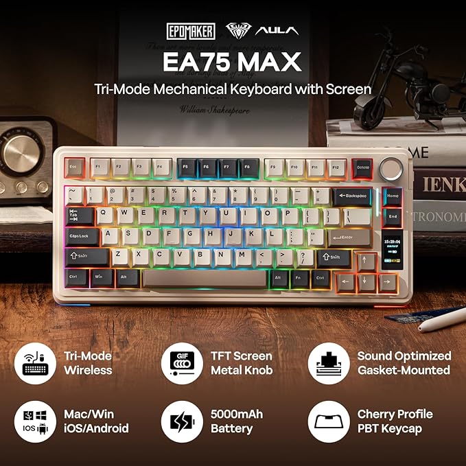 EPOMAKER X Aula EA75 MAX Wireless Gaming Keyboard with Screen & Knob, 5000mAh, Hot-Swap, Lubed Switches, RGB Backlit, Creamy Gasket, 75% Mechanical Keyboard (Retro White, Silent Cotton Candy Switch)