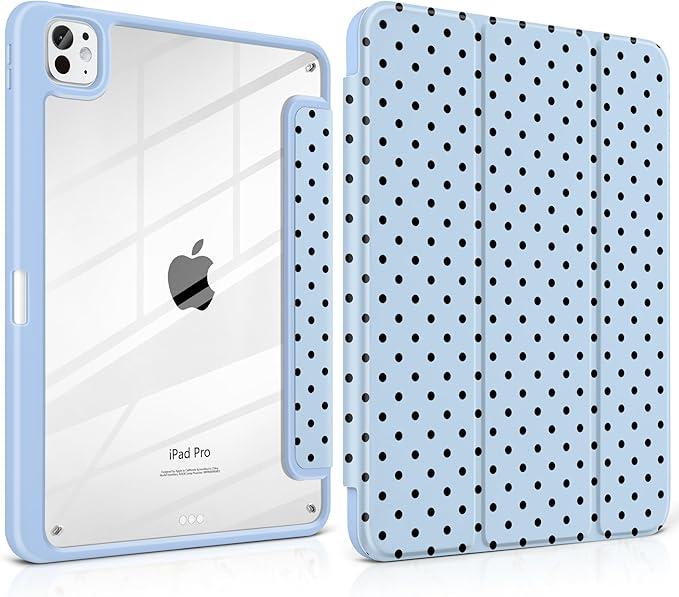 Case for iPad Pro 11 Inch (M5 2025 M4 2024) – [Built-in Pencil Holder], Shockproof & Stylish, Clear Hard Back + Soft TPU Edge, Magnetic Trifold Stand, Auto Wake/Sleep, Blue Polka dot