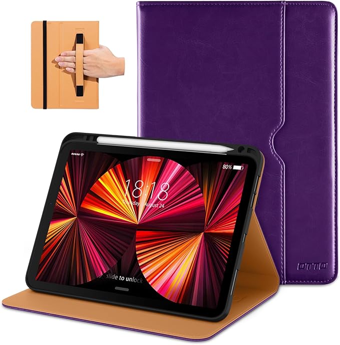 DTTO Case for iPad Pro 11 Inch 4th / 3rd / 2nd / 1st Generation 2022/2021/2020/2018,Premium PU Leather Folio Stand Cover with Hand Strap, Auto Wake/Sleep,Multiple Viewing Angles, Dark Purple