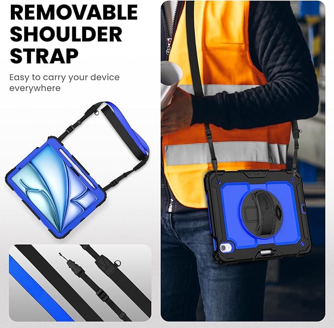 timecity Case for iPad Air 11 Inch M4 / M3 / M2 (2026/2025/ 2024), 360° Rotating Stand, Pencil Holder & Wireless Charging, Shockproof with Screen Protector & Shoulder Strap - for Designers, Dark Blue